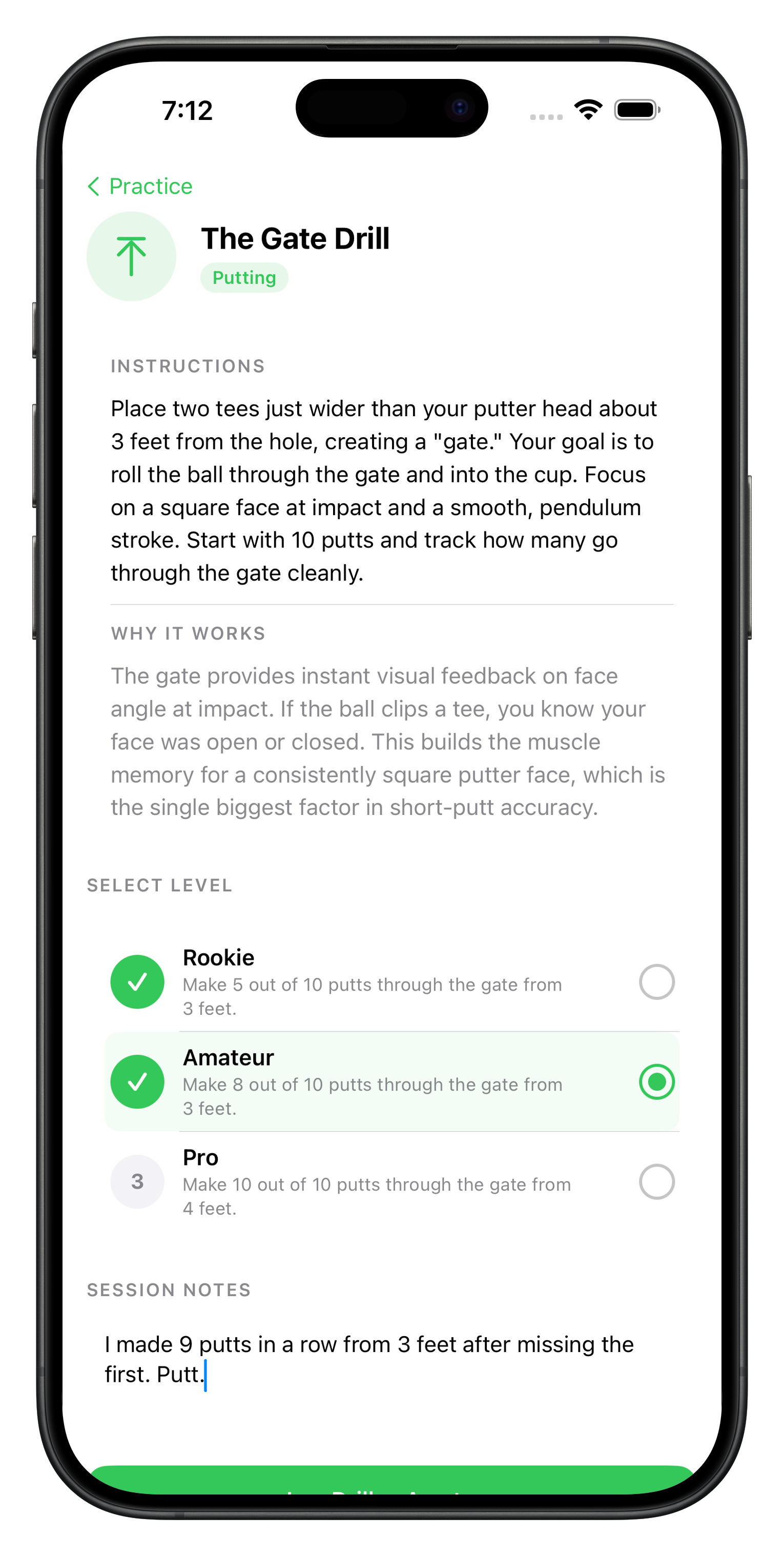 Putting drill with instructions and difficulty levels